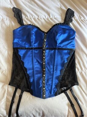 Shirley of Hollywood Blue Satin & Black Lace Bustier Corset with Garter Straps